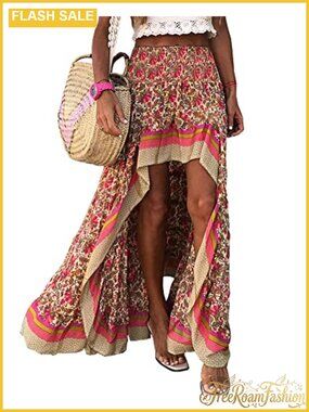 Boho Floral High Low Maxi Skirt Ruffle High Split A-Line Long